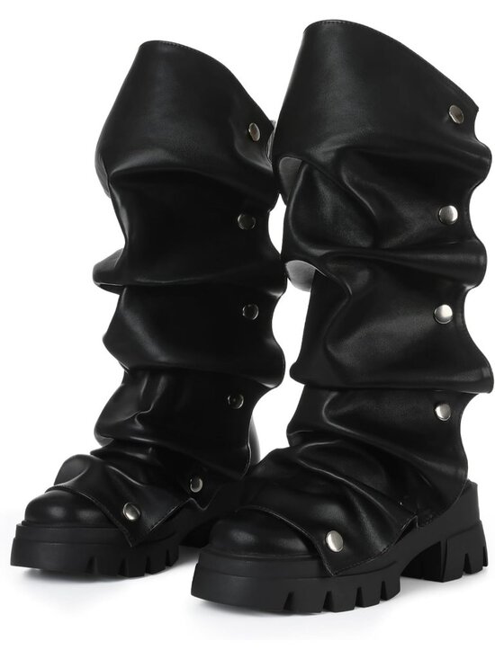 Shoes - Women's Black Slouchy Boots Fold Over Boots